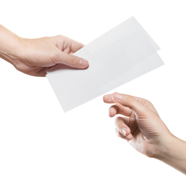 Hand giving two blank sheets of paper on white