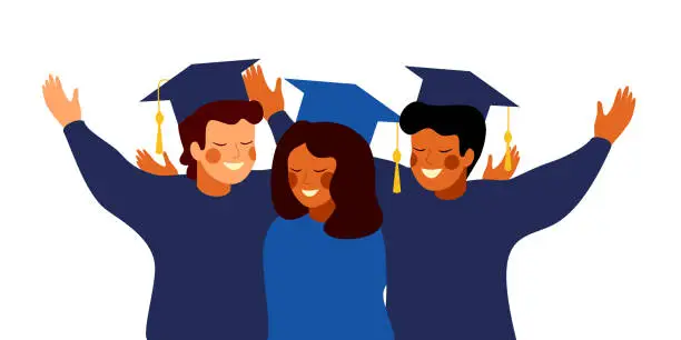 Vector illustration of Happy graduates wearing gown and cap embrace each other.