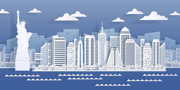 뉴욕 종이 랜드마크입니다. 미국 도시 스카이라인 전망, 종이 접기 스타일의 현대적인 도시 풍경. 벡터 흰 종이 컷 마천루 건물 - new york city new york state skyline winter stock illustrations