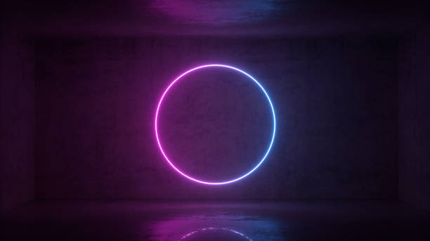 istock 3d render of neon circle frame on background in the room. Banner design. Retrowave, synthwave, vaporwave illustration. 1148985802