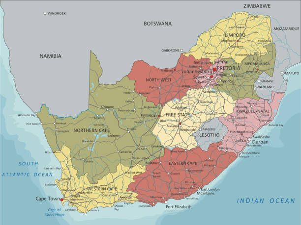 illustrazioni stock, clip art, cartoni animati e icone di tendenza di sudafrica - mappa politica modificabile altamente dettagliata con etichettatura. - pretoria
