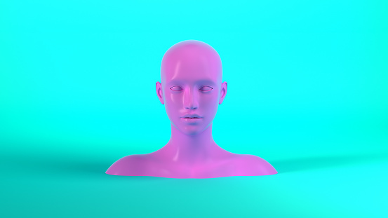 3d render of abstract mannequin female head on blue background. Fashion woman.