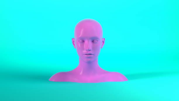 3d render of abstract mannequin female head on blue background. Fashion woman. Pink human face. 3d render of abstract mannequin female head on blue background. Fashion woman. people sculpture stock pictures, royalty-free photos & images