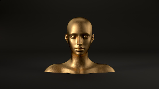 3d render of abstract mannequin female head on black background. Fashion woman. Gold human face.