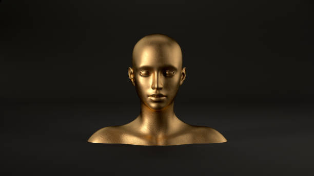 3d render of abstract mannequin female head on black background. Fashion woman. Gold human face. 3d render of abstract mannequin female head on black background. Fashion woman. people sculpture stock pictures, royalty-free photos & images