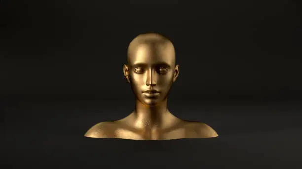 Photo of 3d render of abstract mannequin female head on black background. Fashion woman. Gold human face.