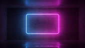 3d render of neon frame on background in the room. Banner design. Retrowave, synthwave, vaporwave illustration.