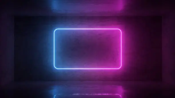 Photo of 3d render of neon frame on background in the room. Banner design. Retrowave, synthwave, vaporwave illustration.