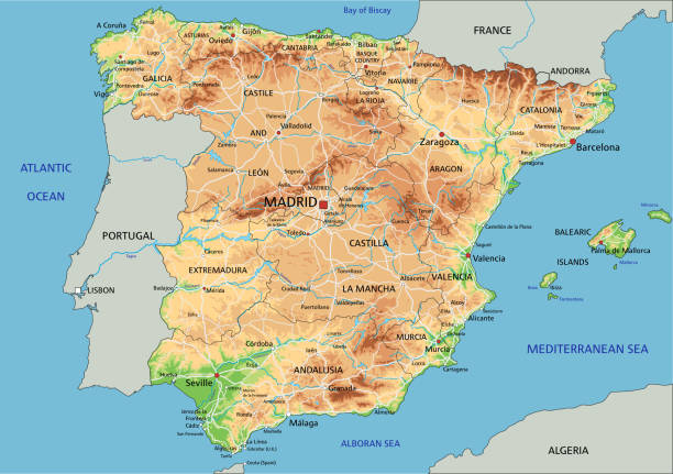 etiketleme ile yüksek detaylı ispanya fiziksel haritası. - barcelona sevilla stock illustrations
