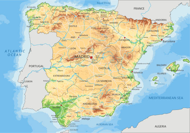 wysoko szczegółowa mapa fizyczna hiszpanii z etykietami. - barcelona sevilla stock illustrations