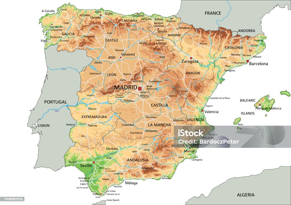 Mapa Físico De Espanha E Portugal De Alta Resolução Ilustração