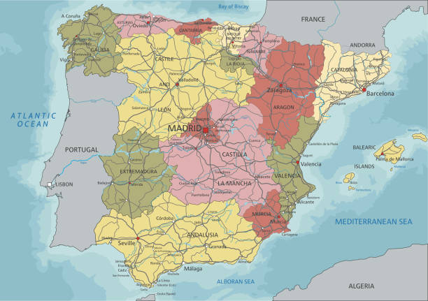 hiszpania - bardzo szczegółowa edytowalna mapa polityczna z etykietowaniem. - barcelona sevilla stock illustrations