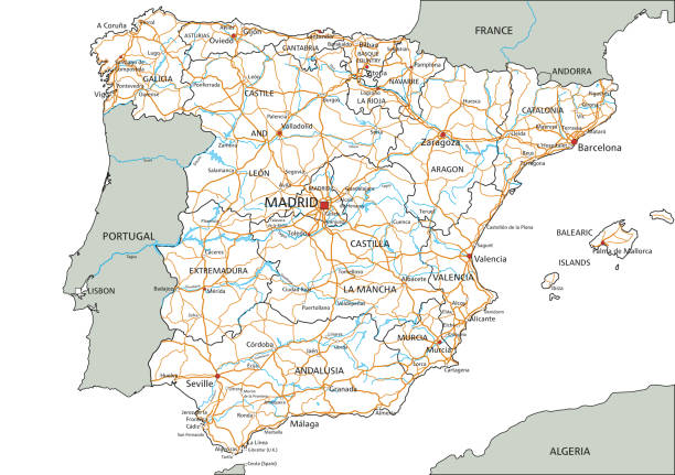 wysoko szczegółowa mapa drogowa hiszpanii z etykietowaniem. - barcelona sevilla stock illustrations