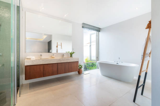 Luxury bathroom features basin and bathtub home, house ,building stock photo