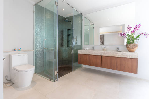 Luxury bathroom features basin, toilet bowl stock photo
