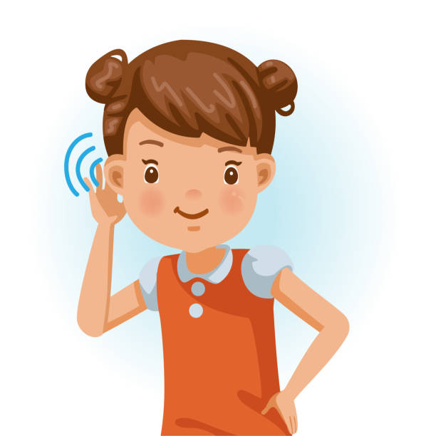 ilustraciones, imágenes clip art, dibujos animados e iconos de stock de niña escuchando - escuchar