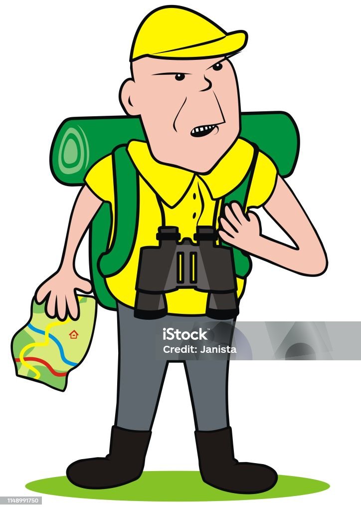 Tourist with map and bag, eps. A tourist with binoculars and map. White background. Man with map and bag and telescope. Vector illustration. Single object. Guide - Occupation stock vector