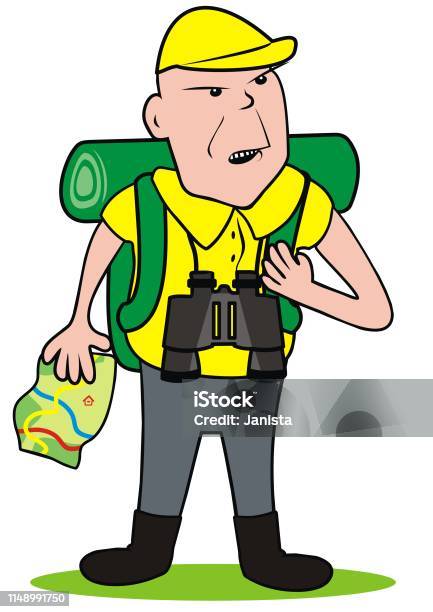 Tourist With Map And Bag Eps Stock Illustration - Download Image Now - Guide - Occupation, Mountain, Adult
