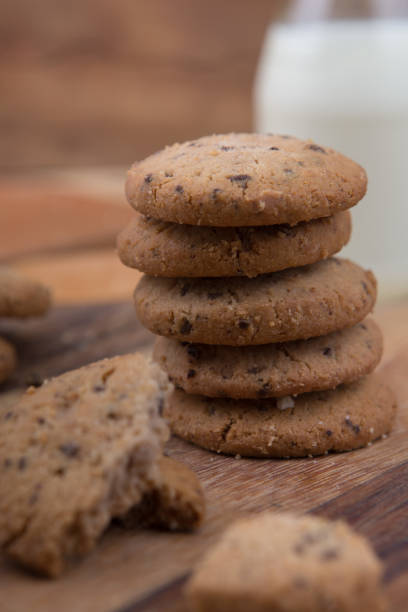 istock Stacked chocolate chip cookie on wooden table 1148992240