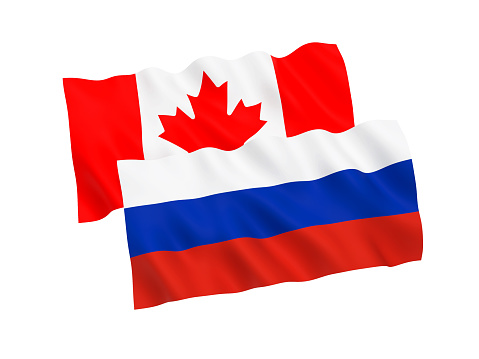 National fabric flags of Russia and Canada isolated on white background. 3d rendering illustration. 1 to 2 proportion.