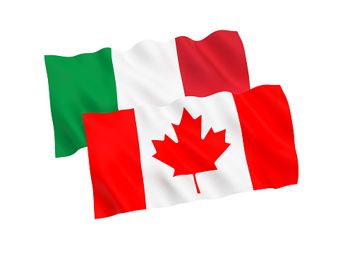 National fabric flags of Italy and Canada isolated on white background. 3d rendering illustration. 1 to 2 proportion.