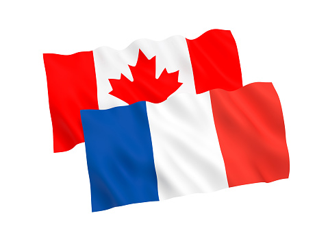 National fabric flags of France and Canada isolated on white background. 3d rendering illustration. 1 to 2 proportion.