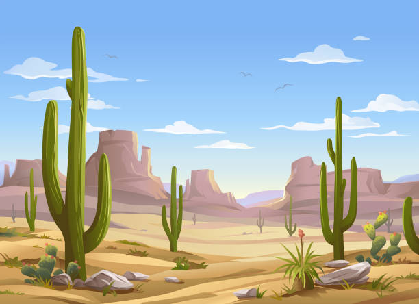 ilustraciones, imágenes clip art, dibujos animados e iconos de stock de escena del desierto - heat vector environment animal
