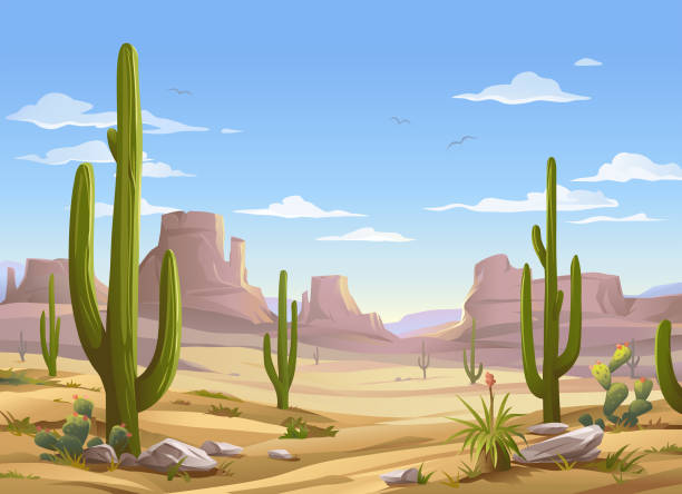 Desert Scene Vector illustration of a desert landscape with Saguaro cactus. In the background are hills and mountains and a blue cloudy sky. extreme terrain stock illustrations