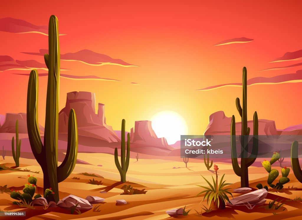 Fiery Desert Sunset Vector illustration of an idyllic desert landscape with Saguaro cactus at sunset. In the background are hills and mountains, and a bright, vibrant red sky. Illustration with space for text. Desert Area stock vector