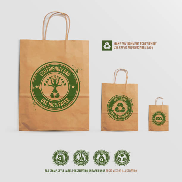 eco stamp style label presentation on paper bags go green corporate brand identity mock up set, eco stamp style label presentation on paper shopping bags, the logotype stamps on the realistic mockup bags contain transparencies, vector illustration 3d corporate logo stock illustrations