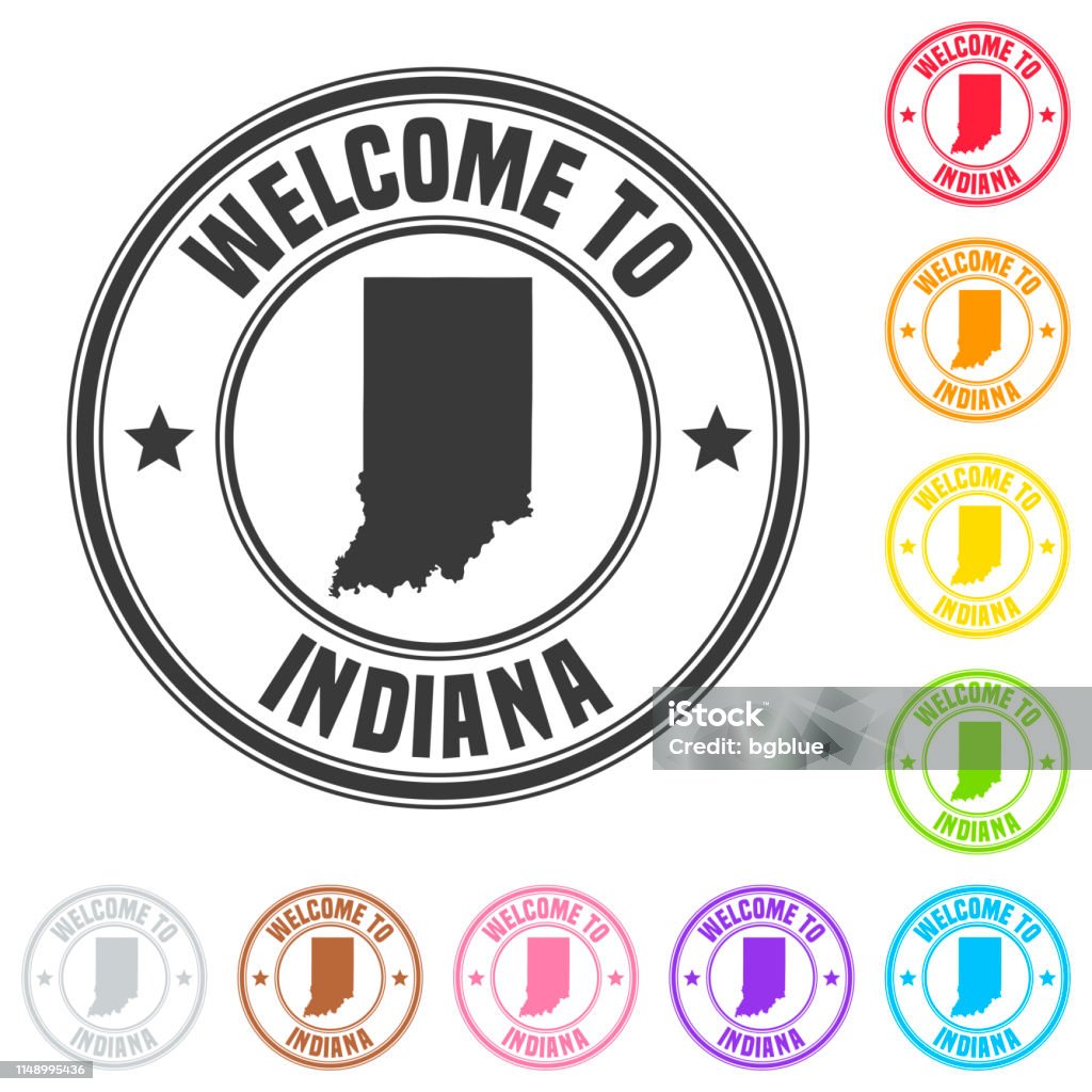 Welcome to Indiana stamp - Colorful badges on white background Stamp of "welcome to Indiana" isolated on a blank background. The stamp is composed of the map in the middle with the name below and "Welcome to" at the top, separated by stars. The stamp is available in different colors (Multi color choice: black, red, orange, yellow, green, blue, purple, pink, brown and gray). Vector Illustration (EPS10, well layered and grouped). Easy to edit, manipulate, resize or colorize. Abstract stock vector