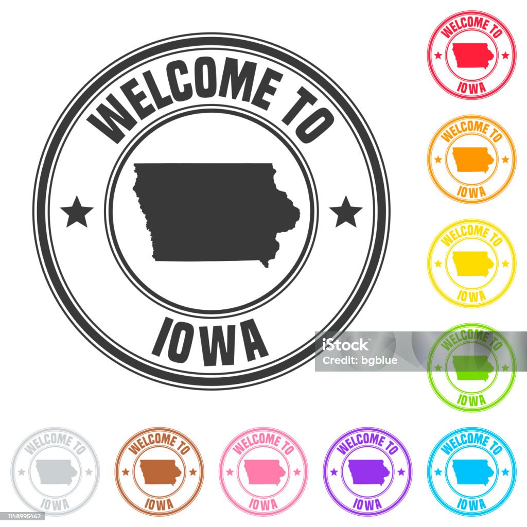 Welcome to Iowa stamp - Colorful badges on white background Stamp of "welcome to Iowa" isolated on a blank background. The stamp is composed of the map in the middle with the name below and "Welcome to" at the top, separated by stars. The stamp is available in different colors (Multi color choice: black, red, orange, yellow, green, blue, purple, pink, brown and gray). Vector Illustration (EPS10, well layered and grouped). Easy to edit, manipulate, resize or colorize. Iowa stock vector