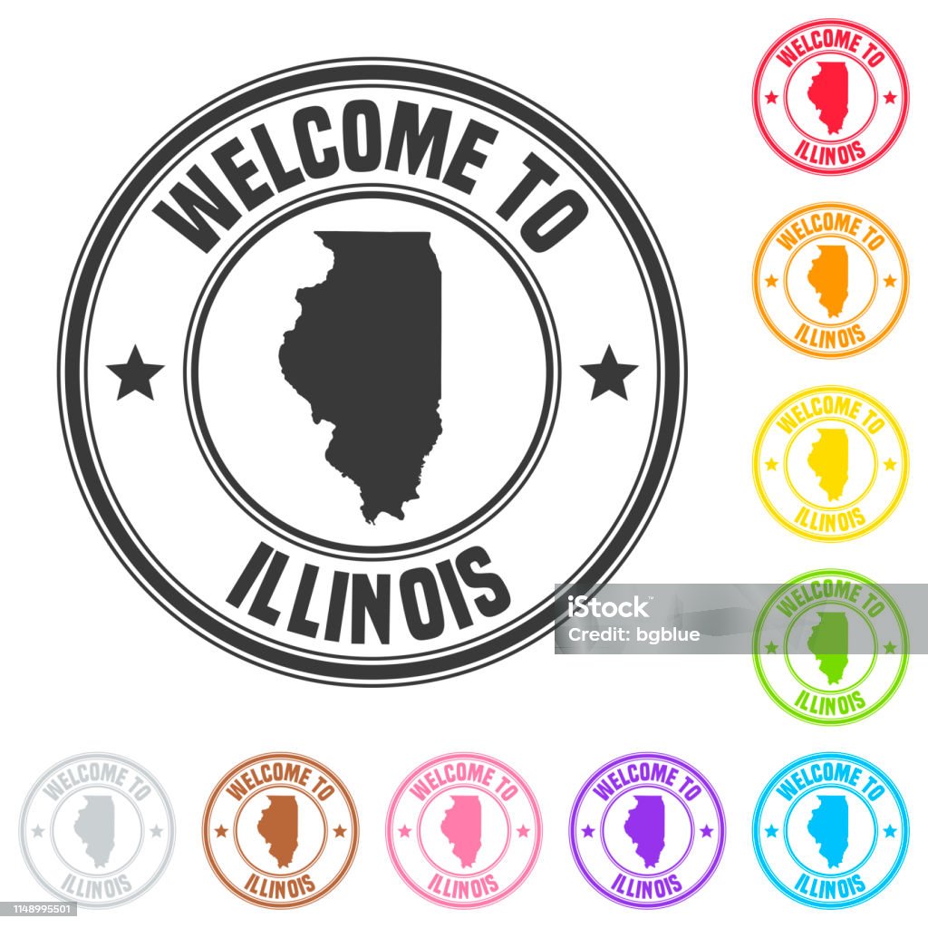 Welcome to Illinois stamp - Colorful badges on white background Stamp of "welcome to Illinois" isolated on a blank background. The stamp is composed of the map in the middle with the name below and "Welcome to" at the top, separated by stars. The stamp is available in different colors (Multi color choice: black, red, orange, yellow, green, blue, purple, pink, brown and gray). Vector Illustration (EPS10, well layered and grouped). Easy to edit, manipulate, resize or colorize. Illinois stock vector