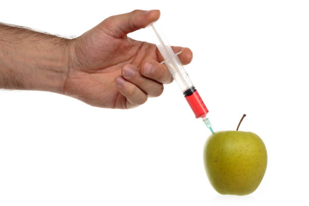 la mano masculina hace una jeringa de inyección en una manzana aislada en blanco. - food crop sprayer insecticide dna fotografías e imágenes de stock