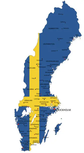 Vector illustration of Sweden highly detailed political map with national flag.