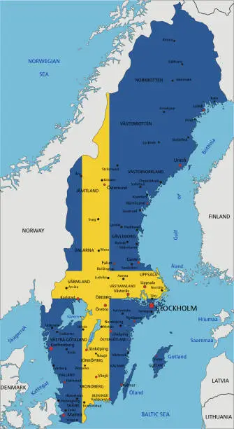 Vector illustration of Sweden highly detailed political map with national flag.