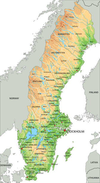 레이블이 높은 상세한 스웨덴 물리적 지도. - sweden map stockholm vector stock illustrations