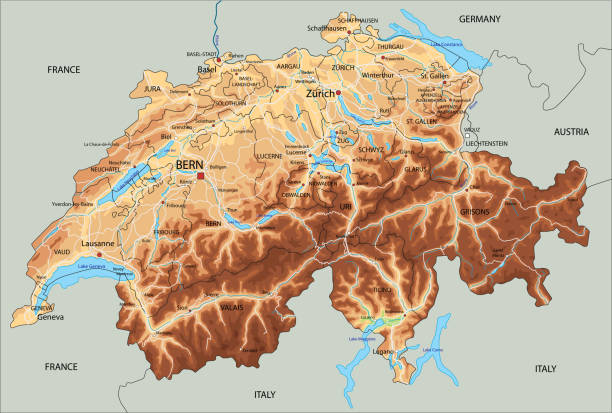высокая детальная физическая карта швейцарии с маркировкой. - map switzerland cartography mountain stock illustrations