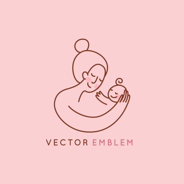Vector logo design template and emblem in simple line style - happy mother and child vector art illustration