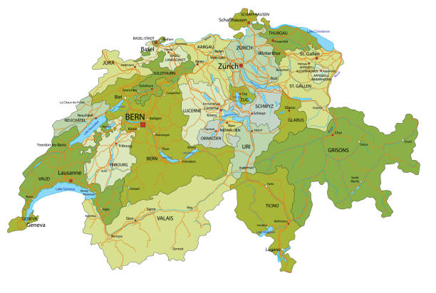 высоко детализированная, редактируемая политическая карта швейцарии с разделенными слоями. - map switzerland cartography mountain stock illustrations