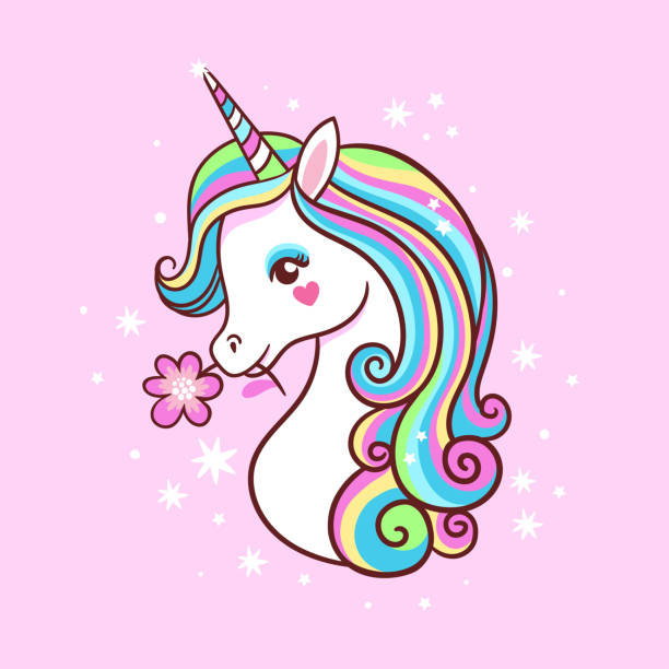 ilustraciones, imágenes clip art, dibujos animados e iconos de stock de unicornio sobre un fondo rosado con estrellas. postal con milvm. - unicornio cabeza