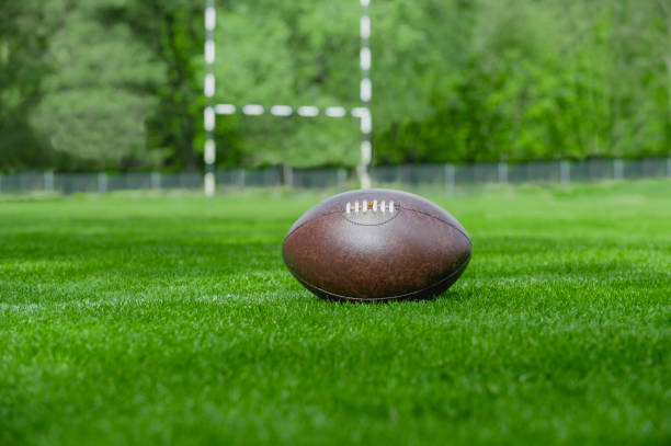 미식 축구, 녹색 잔디 필드 배경에 럭비 공 - rugby field 뉴스 사진 이미지