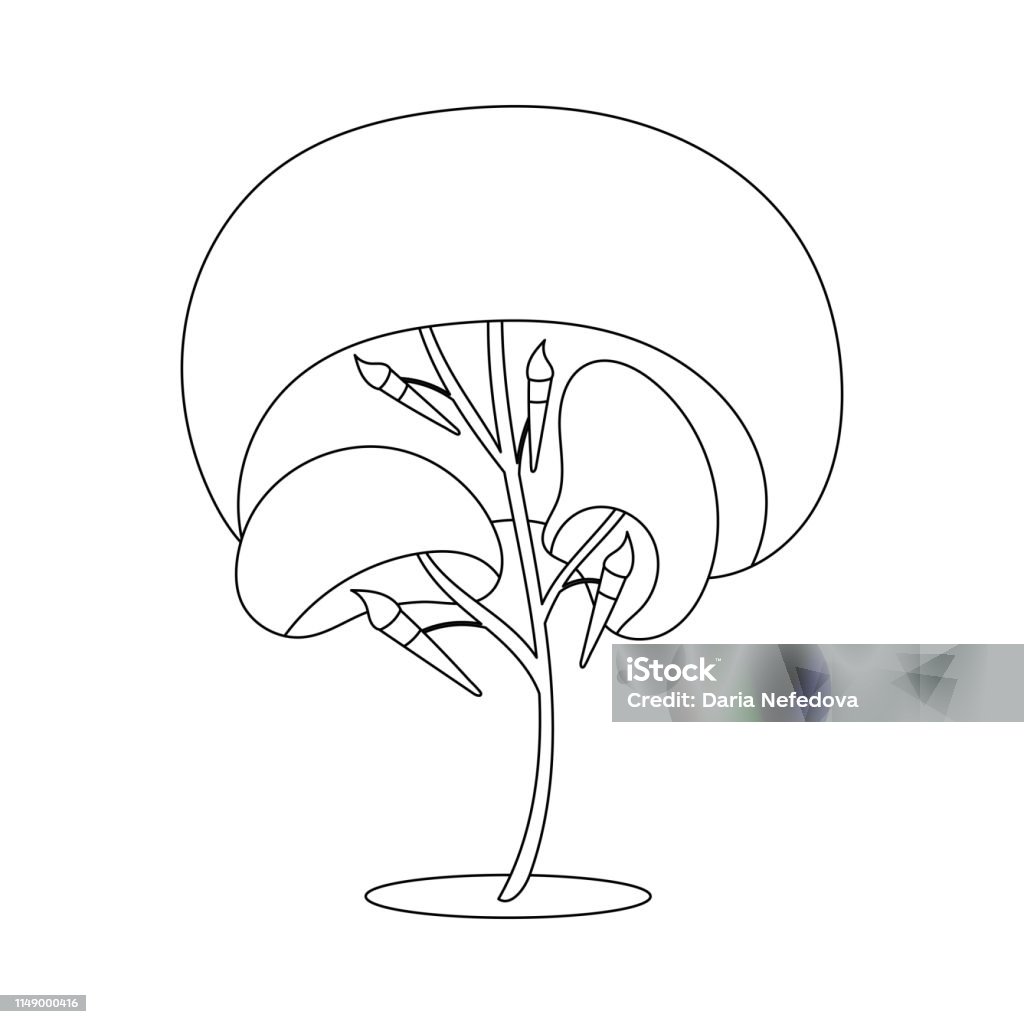 Isolated tree with brushes for a colouring book. Funny isolated autumn tree with paint brush fruit. Colouring page. White background. Flat cartoon style vector illustration. Art stock vector