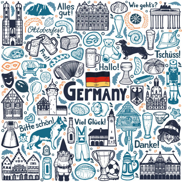 German Symbols Composition in Hand Drawn Style German Symbols Composition. Card in Hand-Drawn Style for Surface Design Fliers Banners Prints Posters Cards. Vector Illustration franconia stock illustrations