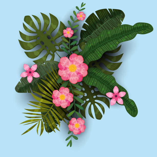 istock Summer trendy template exotic plants and hibiscus flowers tropical background. Trend pattern jungle. Vector, illustration, isolated, poster, banner, flyer, invitation 1149005453