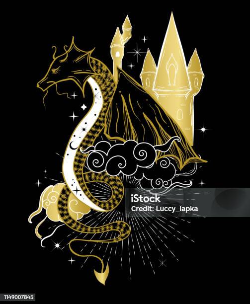 Boho Illustration In Art Tattoo Style With Dragon And Medieval Castle Fantasy Animal With Double Exposure Effect Stock Illustration - Download Image Now