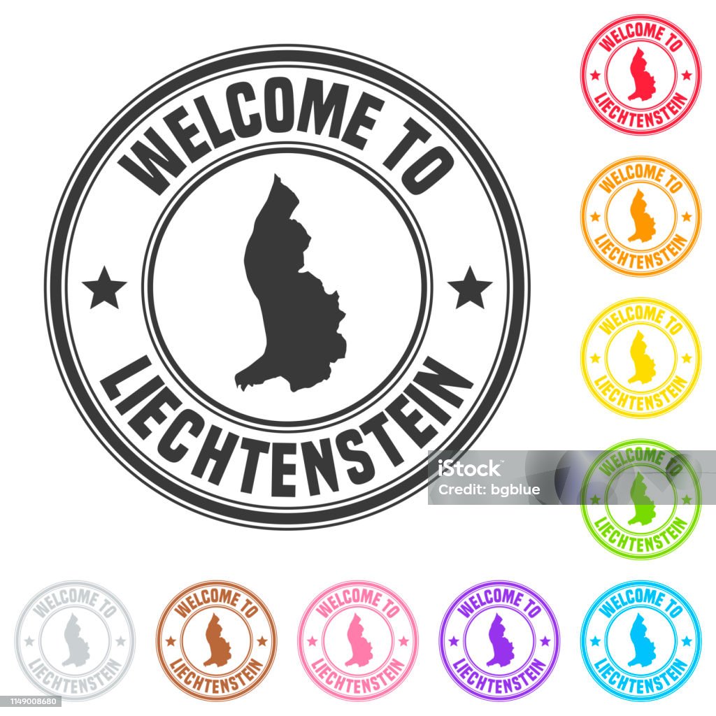 Welcome to Liechtenstein stamp - Colorful badges on white background Stamp of "welcome to Liechtenstein" isolated on a blank background. The stamp is composed of the map in the middle with the name below and "Welcome to" at the top, separated by stars. The stamp is available in different colors (Multi color choice: black, red, orange, yellow, green, blue, purple, pink, brown and gray). Vector Illustration (EPS10, well layered and grouped). Easy to edit, manipulate, resize or colorize. Germany stock vector