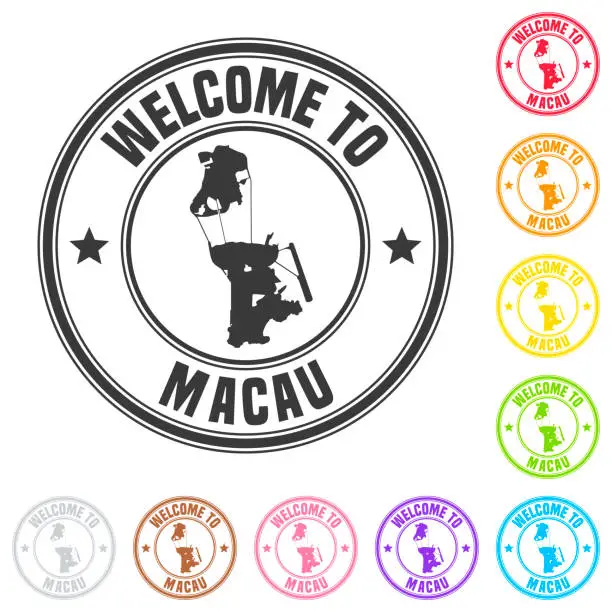 Vector illustration of Welcome to Macau stamp - Colorful badges on white background