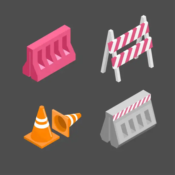 Vector illustration of Set of traffic barriers for road repair. Under construction signs. Isometric vector illustration.