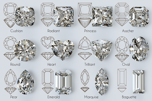 Popular diamond shapes: round, cushion, princess, radiant, emerald, trilliant, heart, oval, pear, marquise, baguette, asscher.